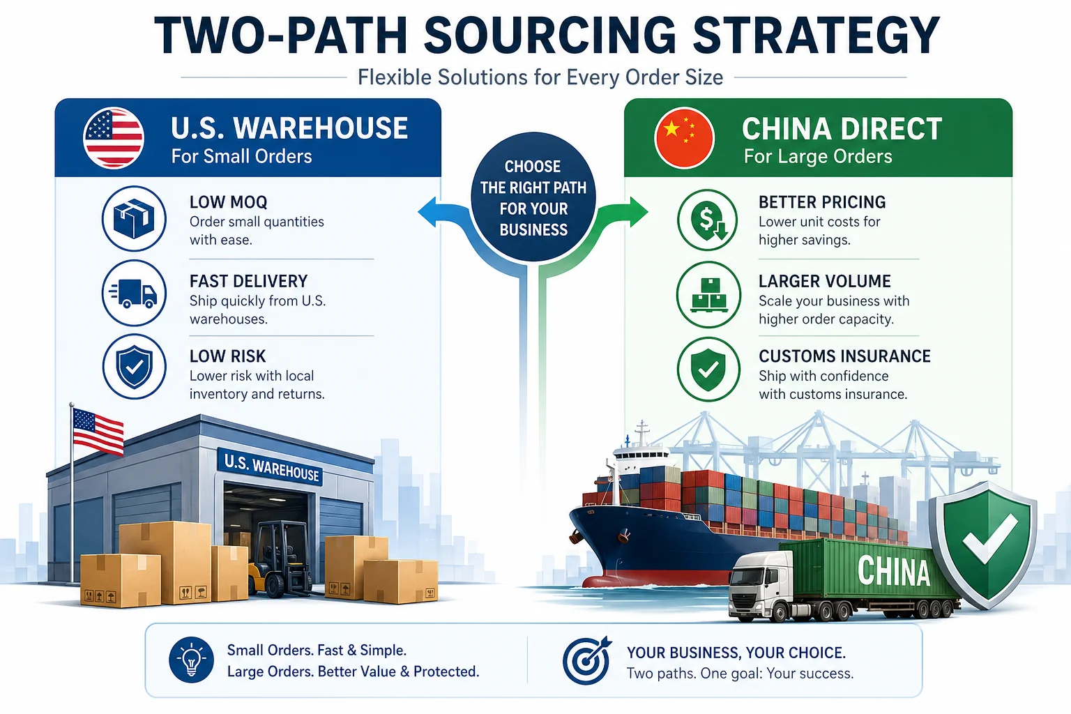 A two-path sourcing strategy flowchart showing small orders from a U.S. warehouse and large insured shipments from China