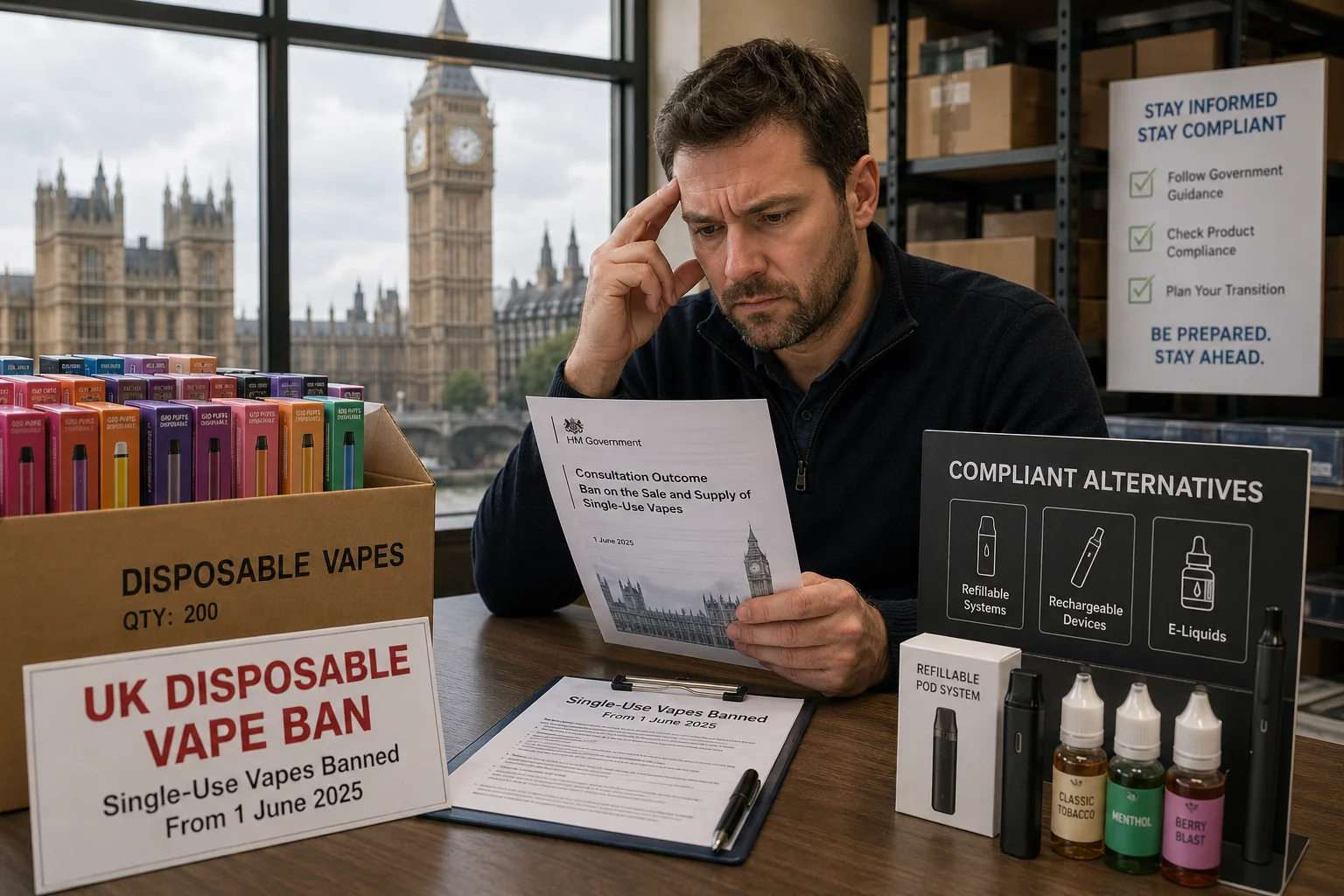 UK Parliament building with a vape ban sign