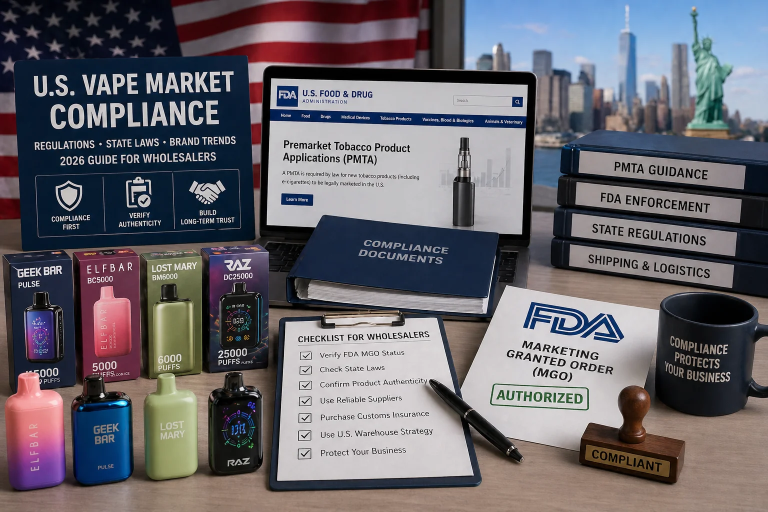 A professional U.S. vape market compliance scene with vape products, FDA documents, and a wholesaler reviewing regulations