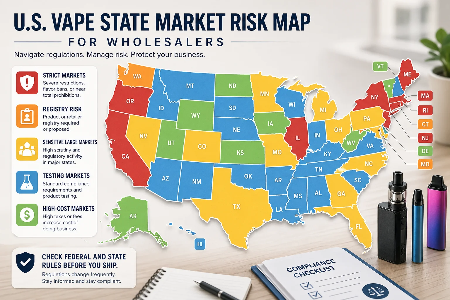 A risk map of the United States showing strict states, registry states, and lower-risk testing markets for vape wholesalers