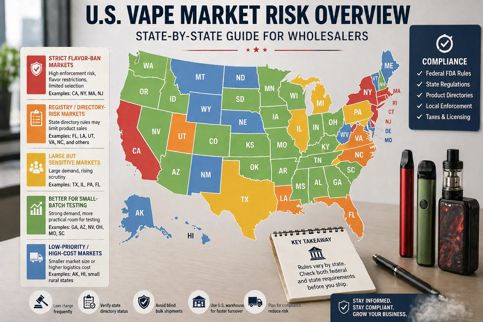 State-by-state U.S. vape market risk guide with compliance categories, showing a map coded by strict flavor bans, marketing limits, and testing suitability. Includes vape devices and compliance reminders.