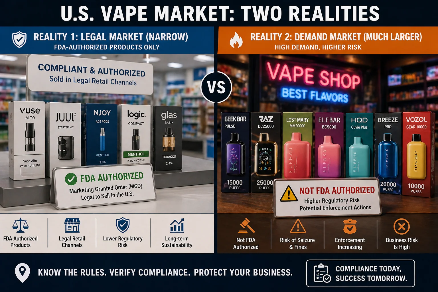 A split-screen image showing legal authorized vape products on one side and popular high-demand disposable vapes on the other