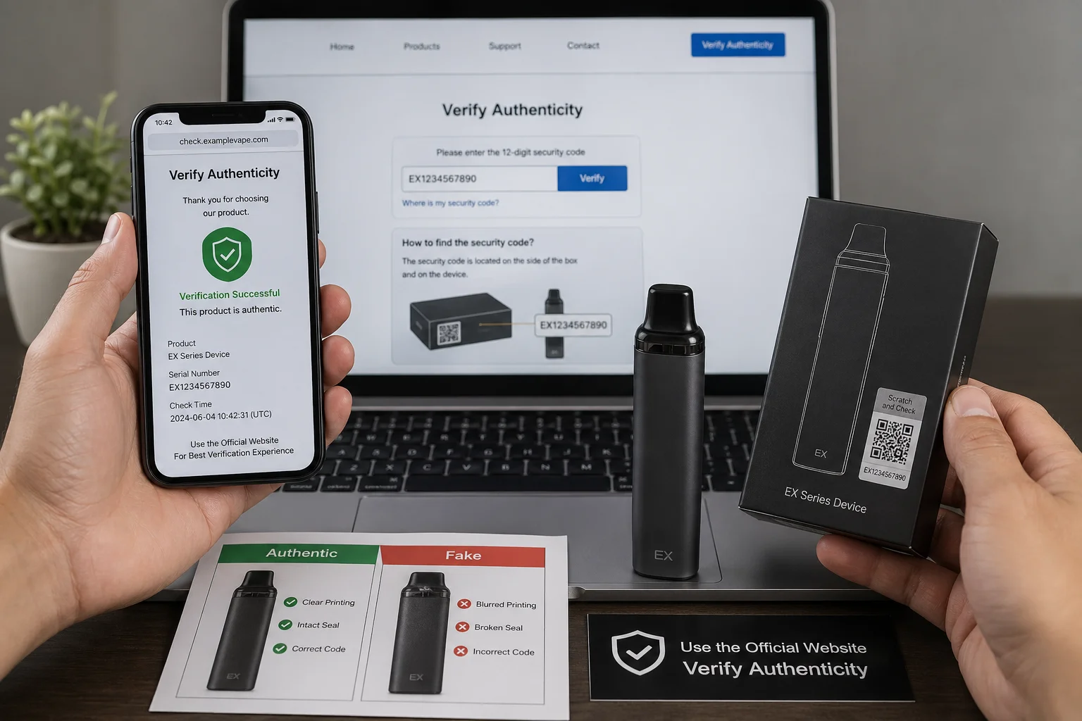 A vape product authentication process showing an official website, QR code verification, and packaging comparison