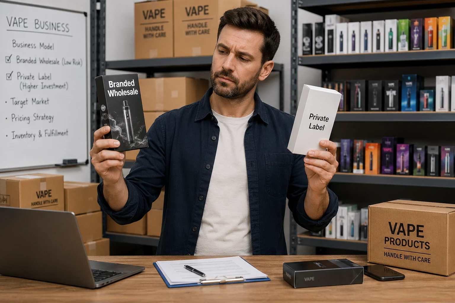 A man in a vape supply warehouse holding boxes labeled 'Branded Wholesale' and 'Private Label'. Vape packaging boxes and products are visible.