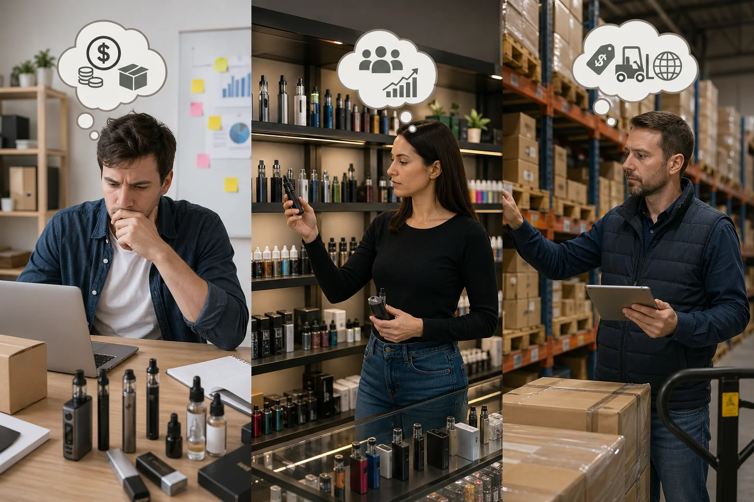 A collage of different types of customers: a person on a laptop, a shop owner, a warehouse manager