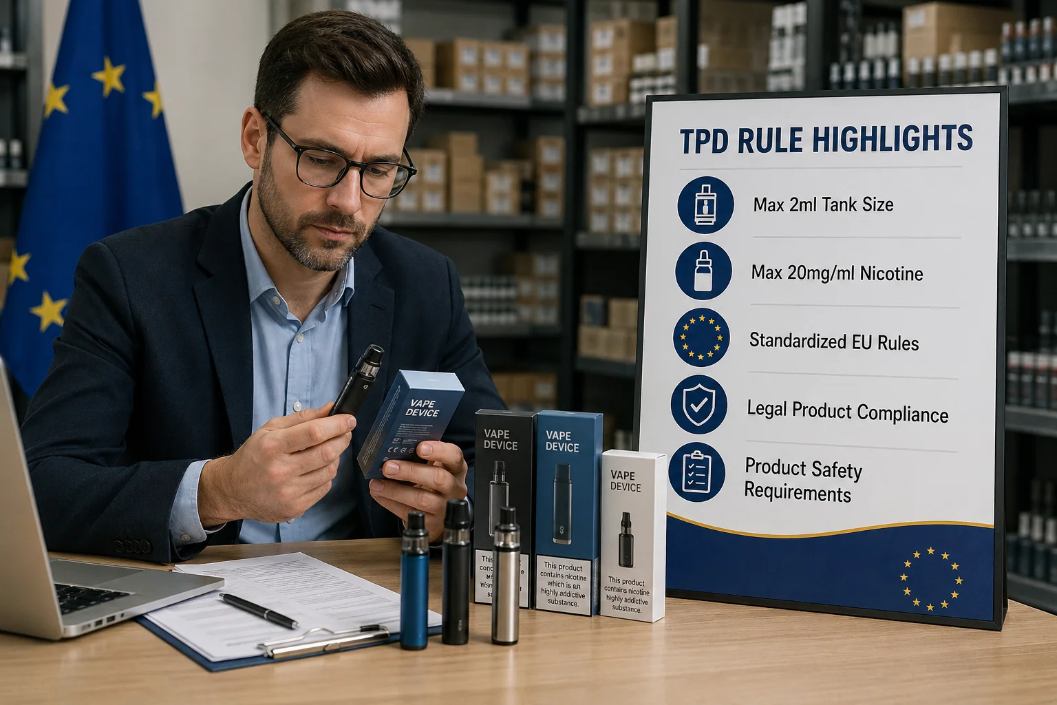 Businessman in blazer holding vape product box and device near TPD rule highlights board in an office with EU flag in the background.