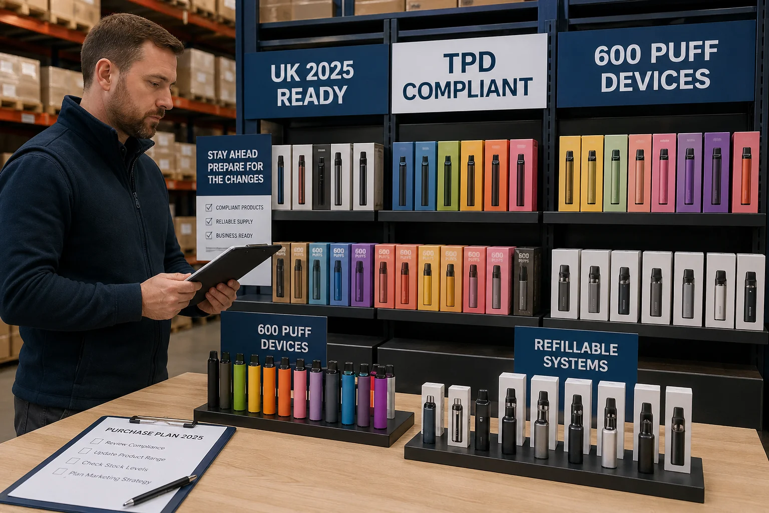 Man holding a tablet standing near a vape product display with signage indicating 'UK 2025 Ready,' 'TPD Compliant,' and various vape options including 600 puff devices and refillable systems.