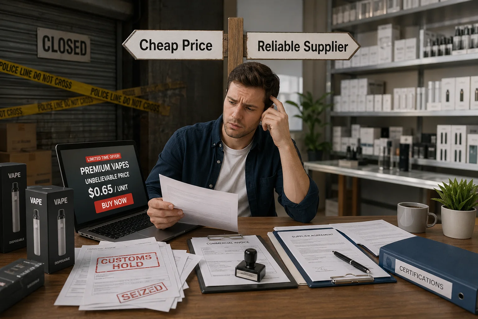 A person looking confused at a fork in the road labeled "Cheap Price" and "Reliable Supplier"
