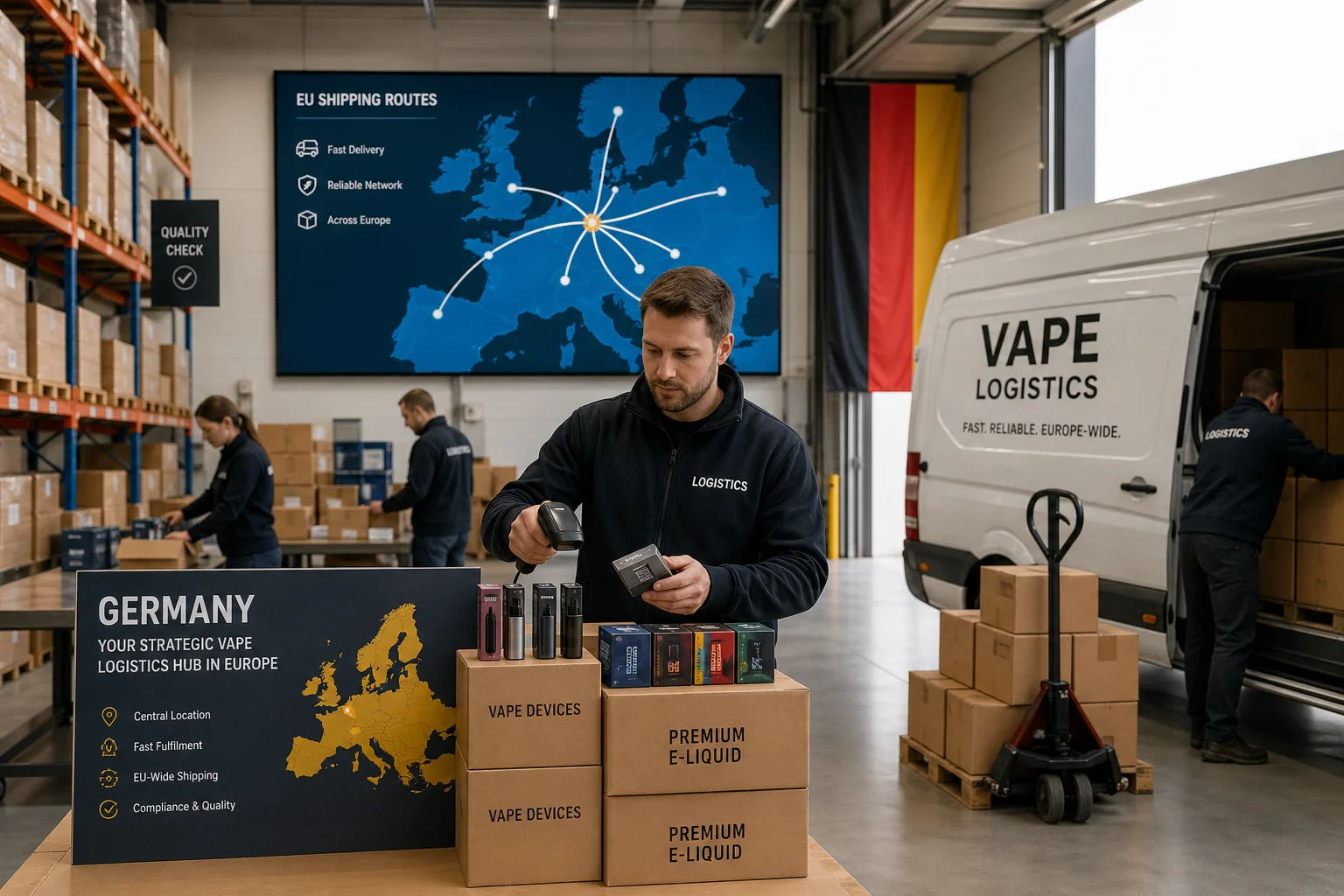 A German warehouse with vape stock, DHL delivery boxes, EU shipping routes, and a wholesaler managing fast fulfillment