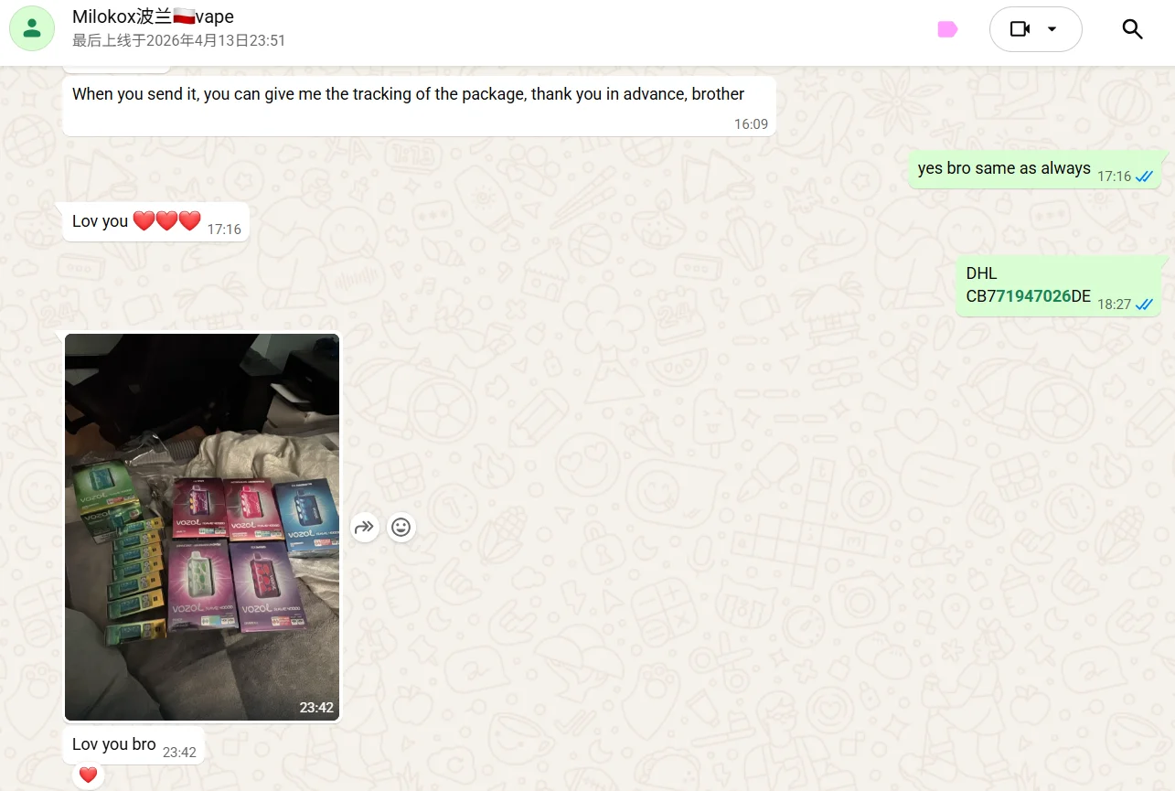 WhatsApp chat showing a discussion about a vape package shipment, including tracking details and an image of vape products.