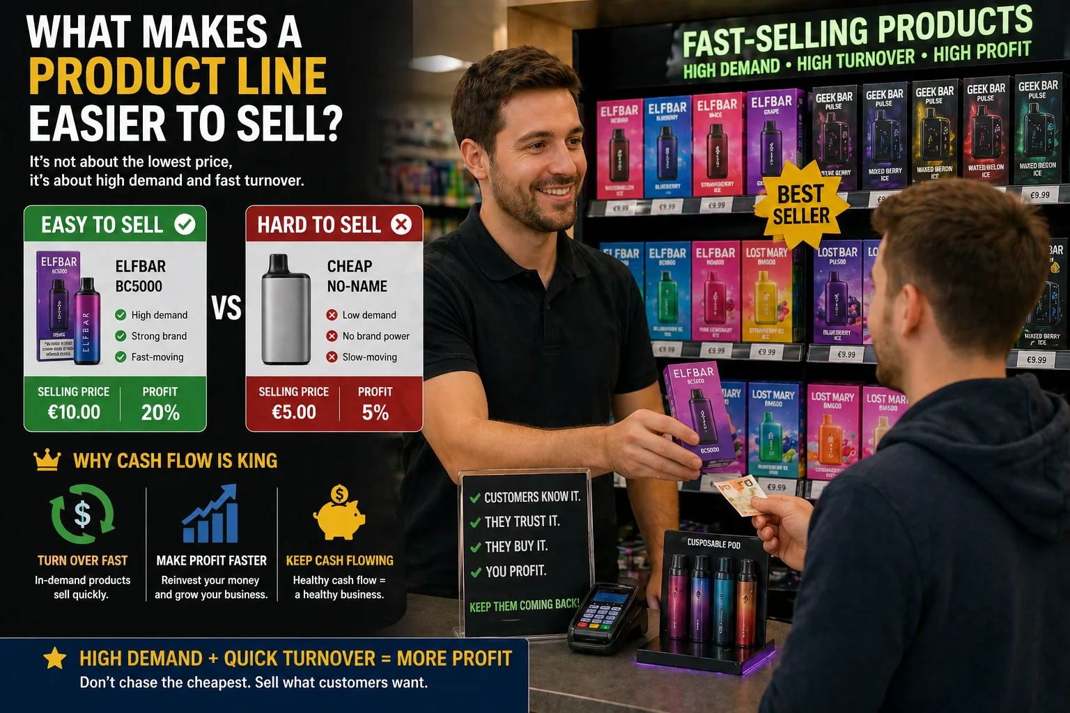 A fast-selling vape product being purchased by a customer