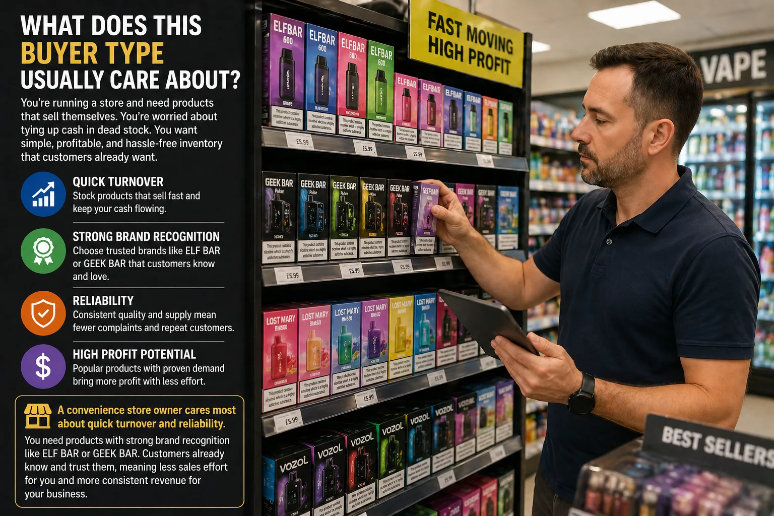 A store owner holding a tablet while browsing and choosing vape products like ELF BAR and GEEK BAR on a retail shelf with a focus on fast turnover and high profit items.