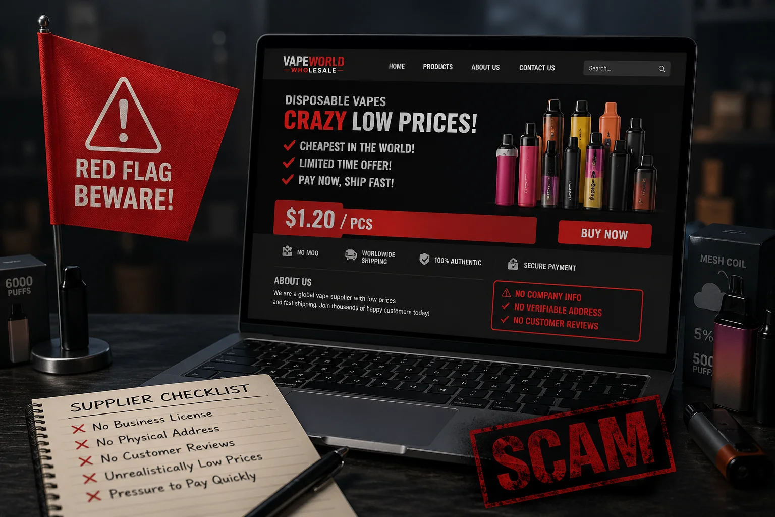 A red flag next to a laptop screen showing a suspicious supplier website