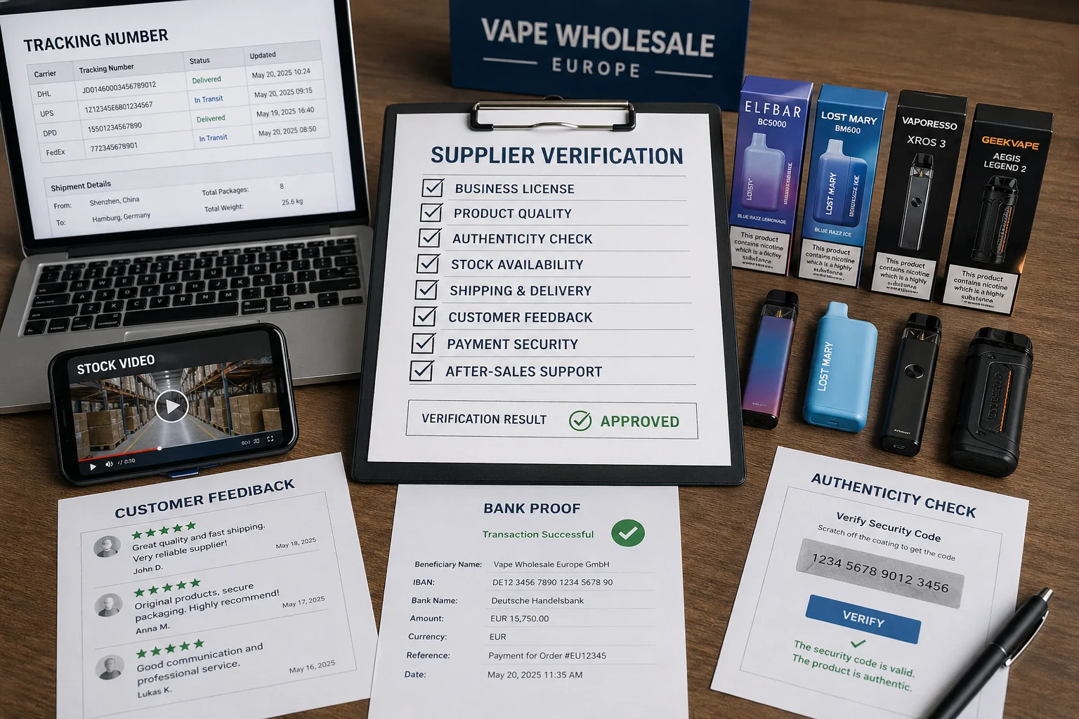 A supplier verification checklist with tracking numbers, stock video proof, bank proof, customer feedback, and product authenticity checks