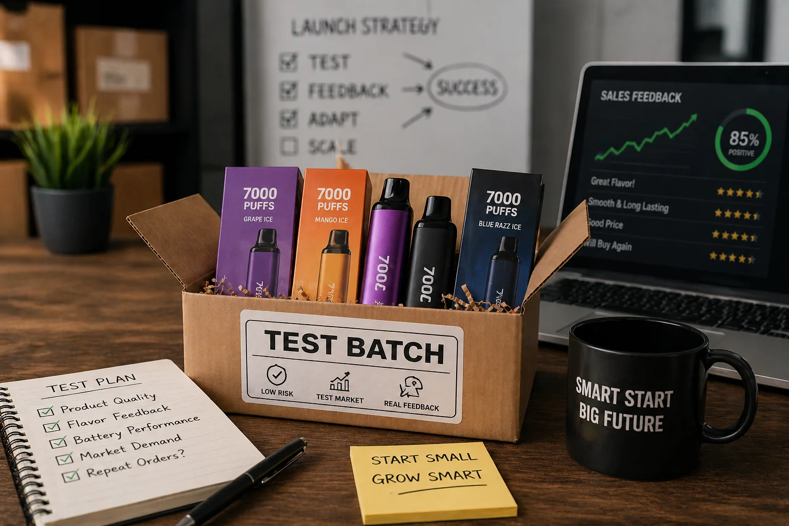 A small box of vapes on a table with a "Test" label on it