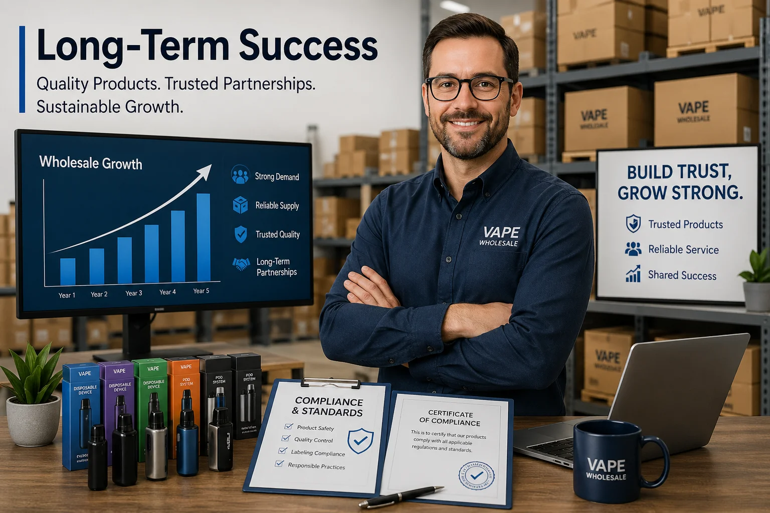 A confident vape wholesaler standing between compliant products, fast delivery boxes, and a long-term business growth chart