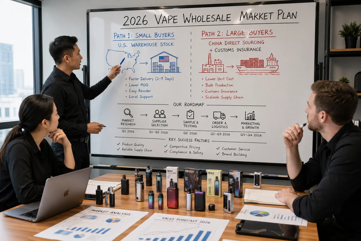 A business owner drawing a 2026 vape market plan on a whiteboard with two paths for small buyers and large wholesalers
