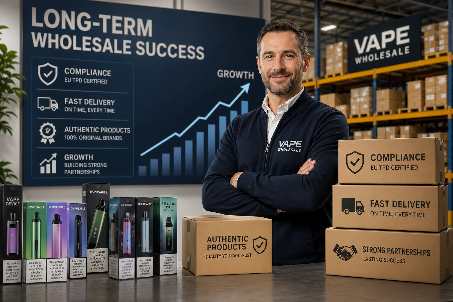 A confident European vape wholesaler standing in a warehouse with compliant products, fast delivery boxes, and a long-term growth chart