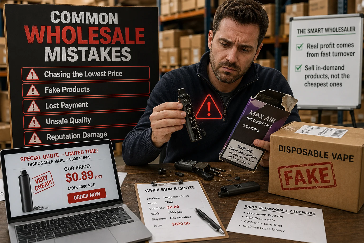 An image of a broken or low-quality vape with a warning sign over it