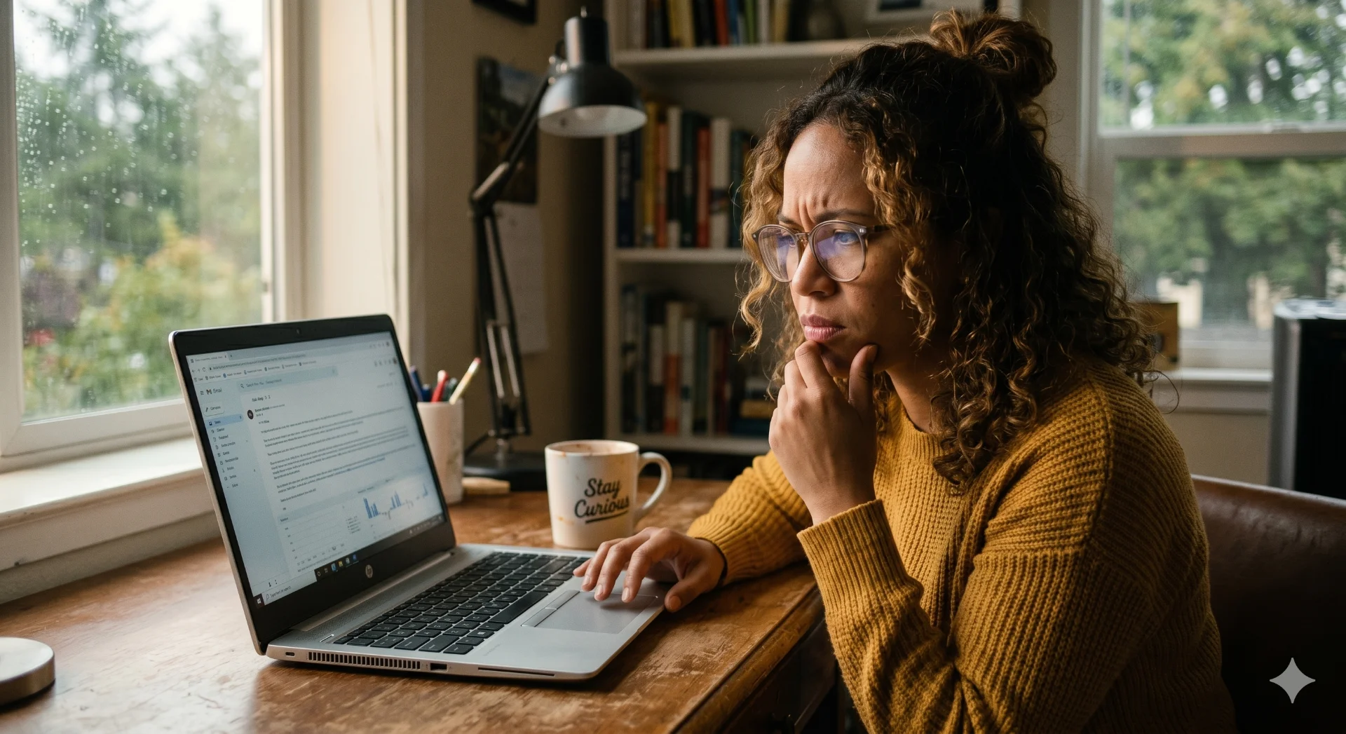 A person looking concerned while checking their laptop