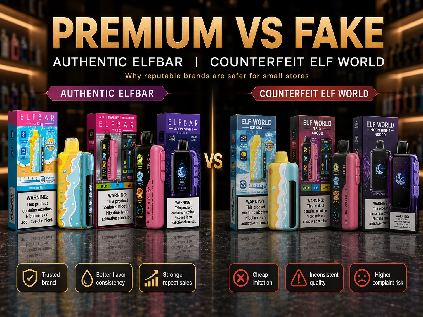 A premium vape next to a cheap, generic-looking vape