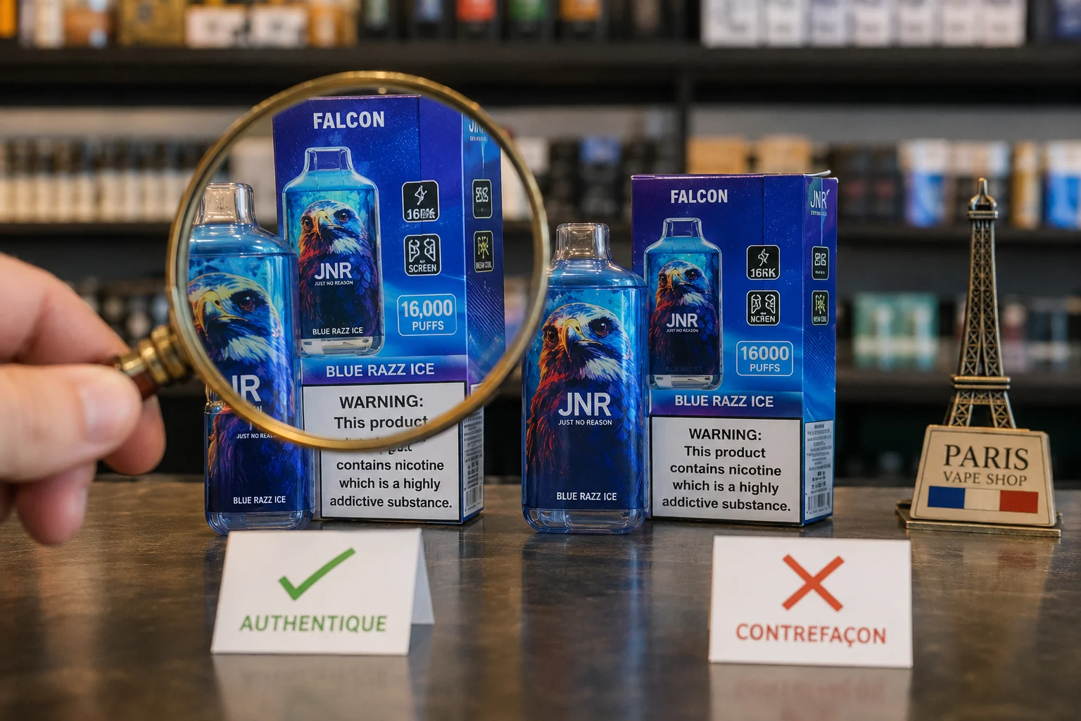A magnifying glass examining two similar-looking vapes, one labeled 'Real' and one 'Fake'.
