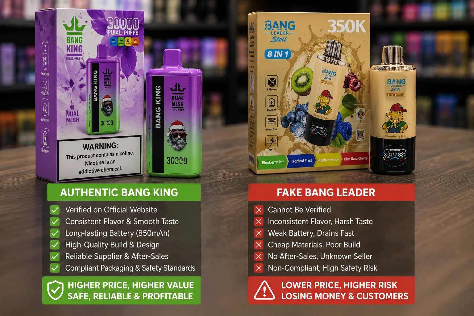 Side-by-side comparison of authentic Bang King vape with verified features and fake Bang Leader showing quality and safety issues, displayed on a wooden surface.