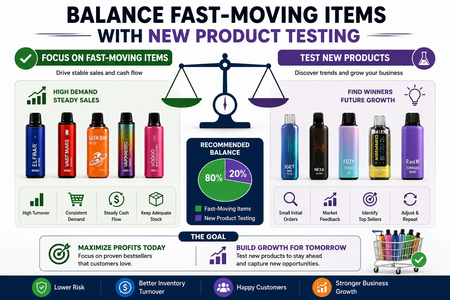 Infographic showcasing strategies for balancing fast-moving vape items with new product testing to optimize sales and business growth.