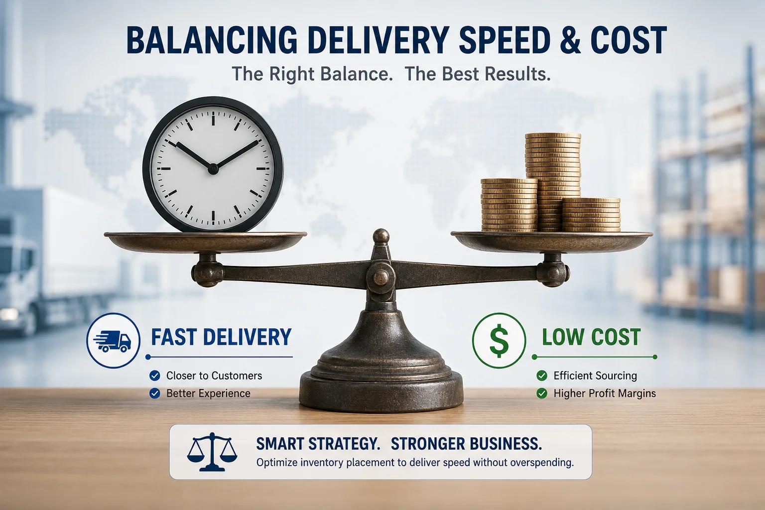 A scale balancing a clock (fast delivery) and a stack of coins (low cost)