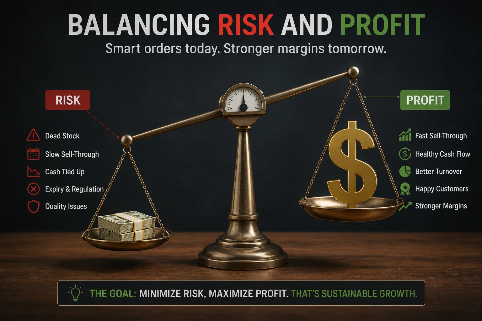 Balancing Risk and Profit A scale balancing a small pile of cash (risk) and a large dollar sign (profit)