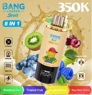 Bang Leader Stoil 350K disposable vape highlighting 8 flavors such as blueberry ice and tropical fruit, alongside key product features.
