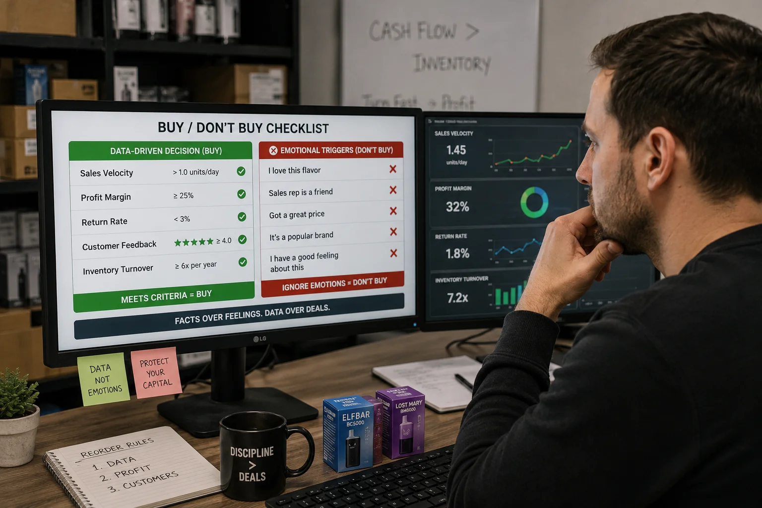 A person looking at data on a screen instead of their own feelings