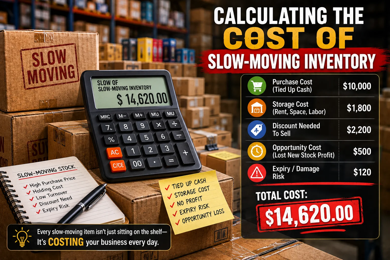Slow-moving inventory calculation featuring a calculator, labeled boxes, and cost breakdown of factors like purchase, storage, and damage risk.