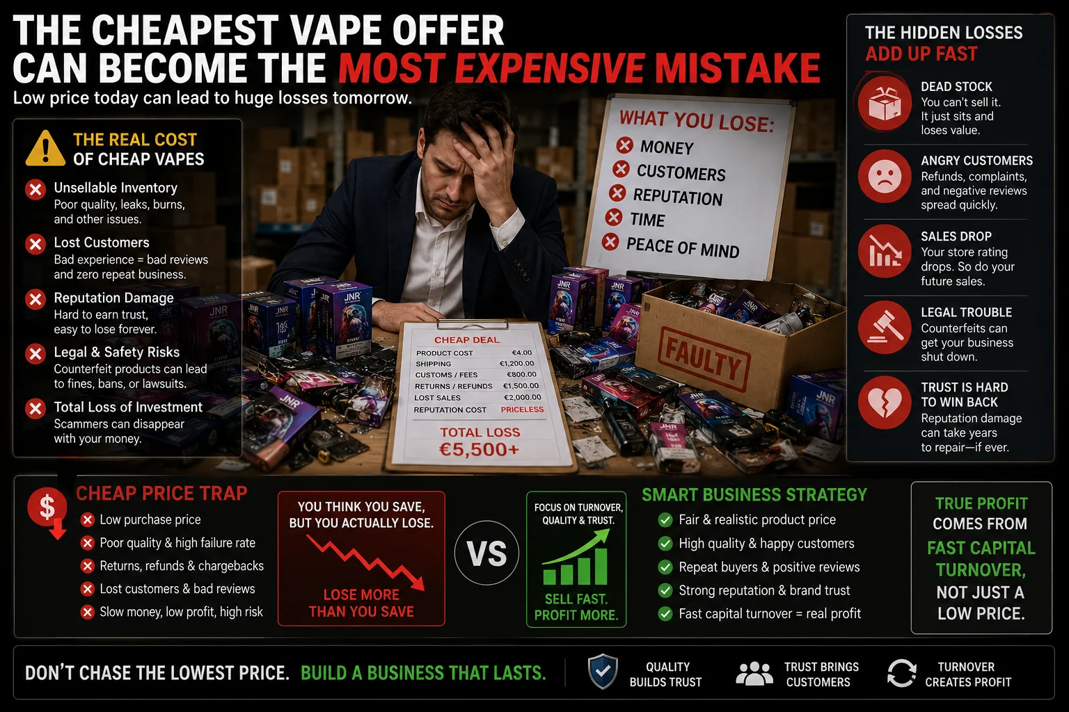 A business owner looking stressed, surrounded by boxes of faulty vape products.
