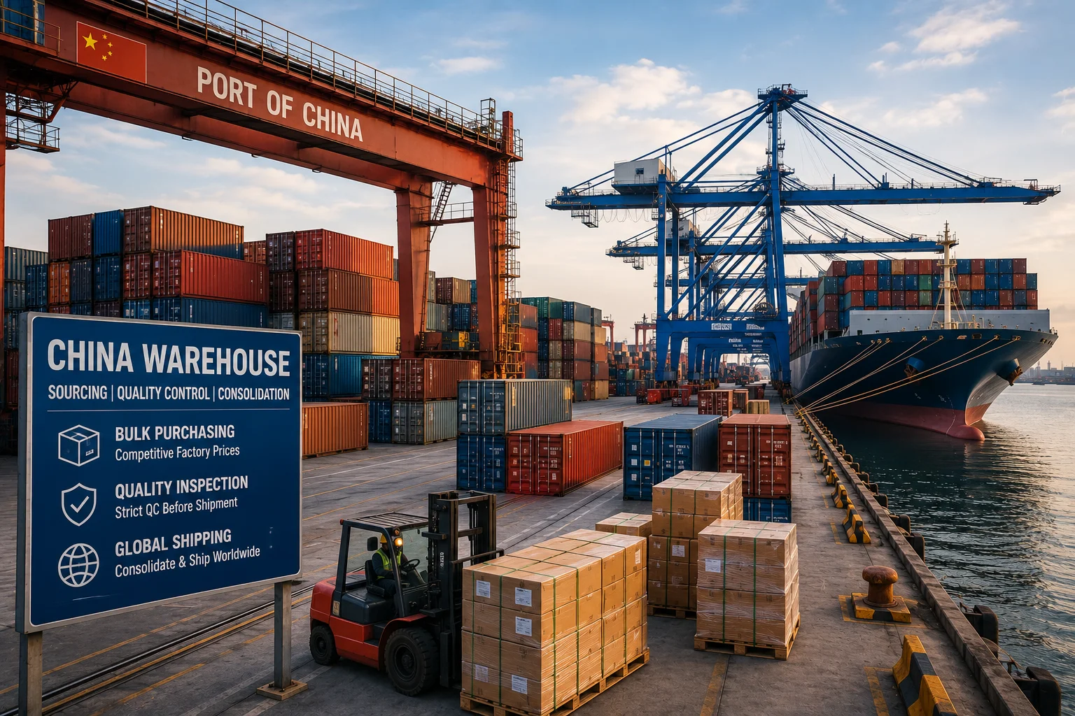 Large shipping containers at a port in China