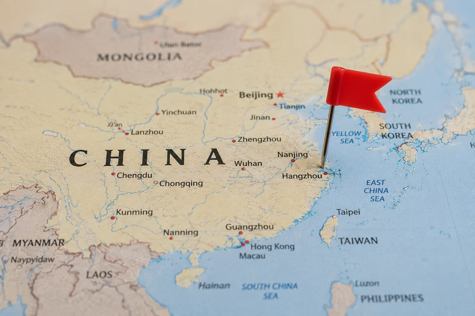 A red flag on a map of China