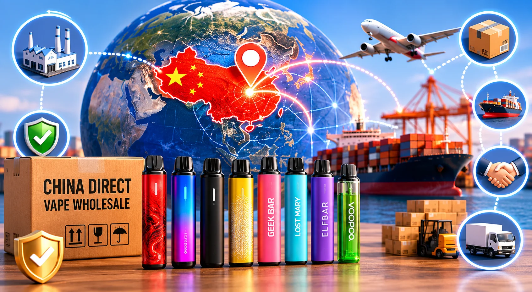Disposable vapes showcased with a shipping and logistics theme, highlighting global supply chain from China to international destinations.