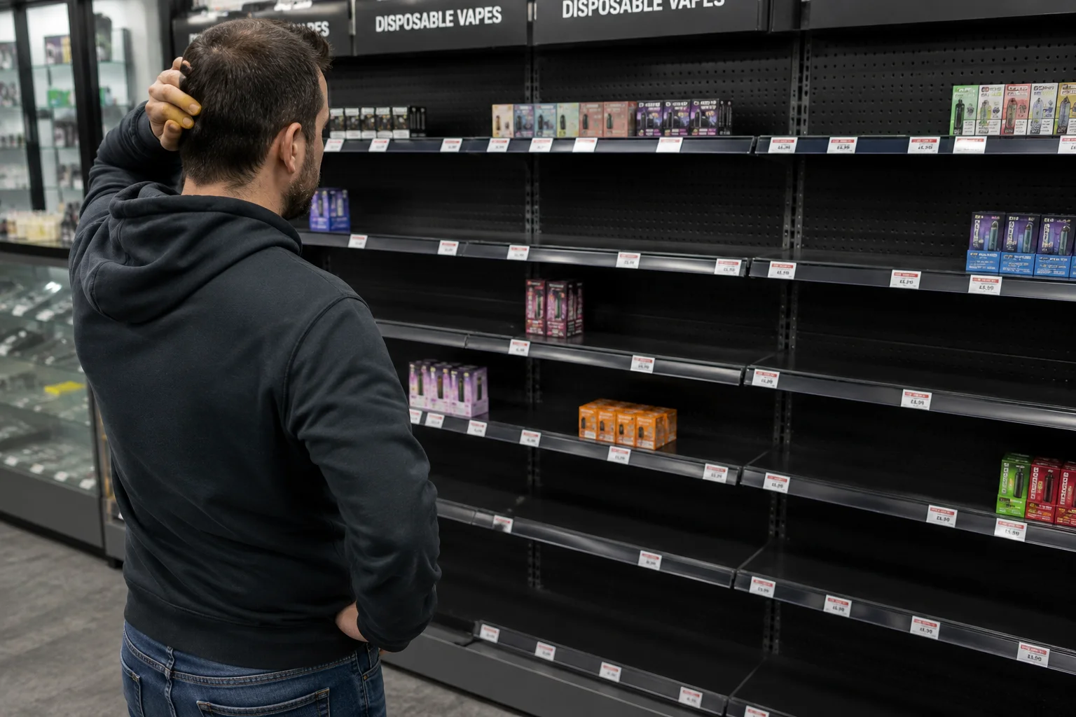 A person looking at a nearly empty shelf in a store