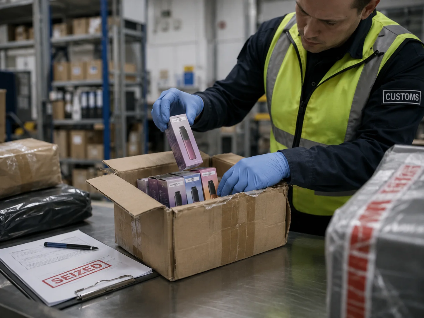 A customs officer inspecting a package with a "Seized" stamp