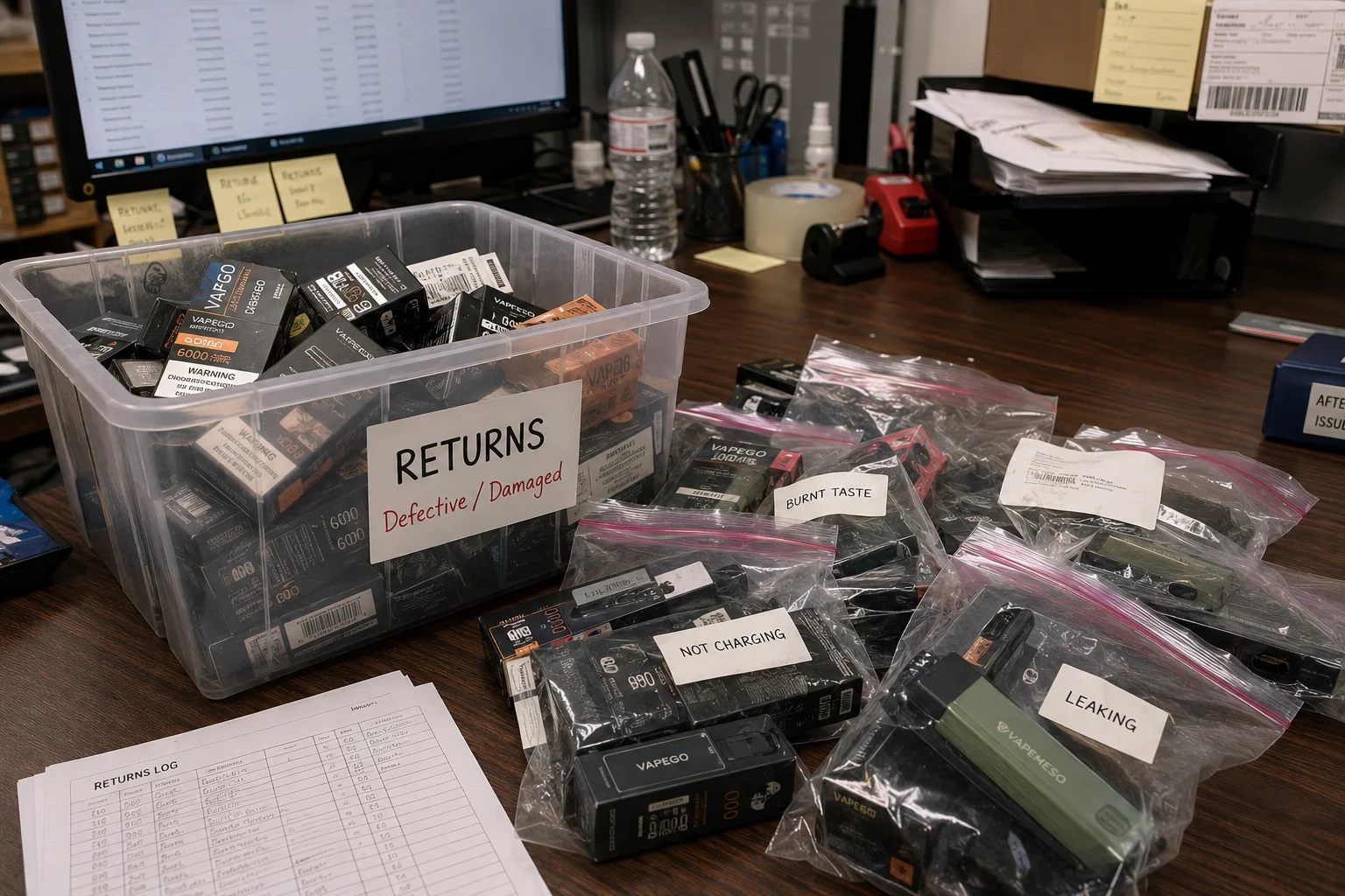 A pile of returned vape products on a desk