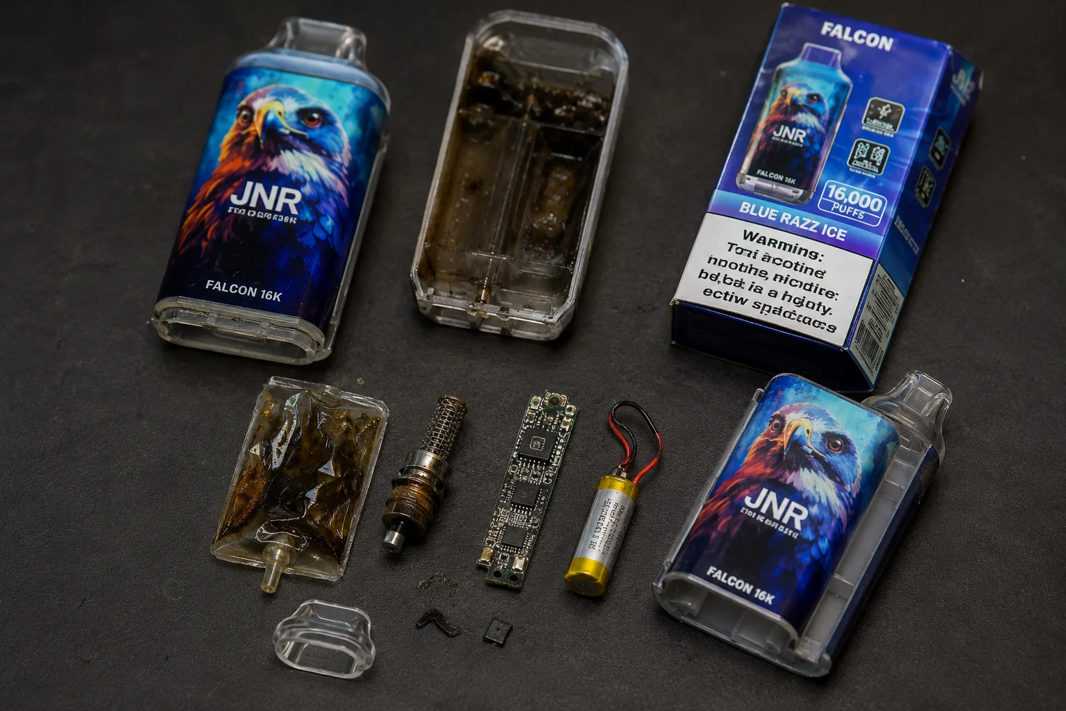 An exploded view of a vape, highlighting low-quality internal components.