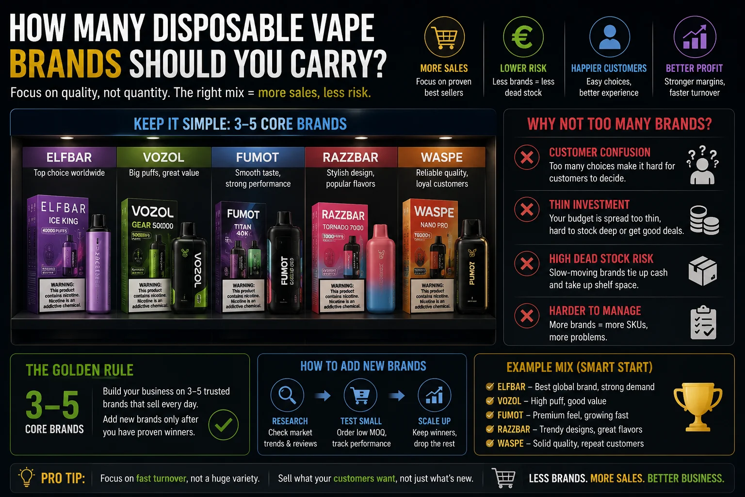 A clean, organized vape display with only a few key brands