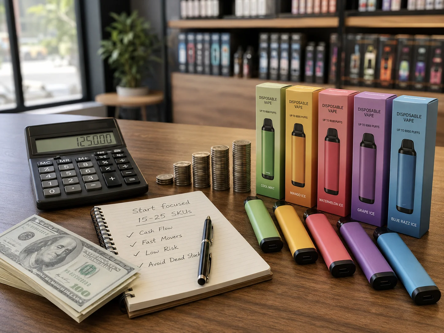 a calculator and stacks of coins next to vape products