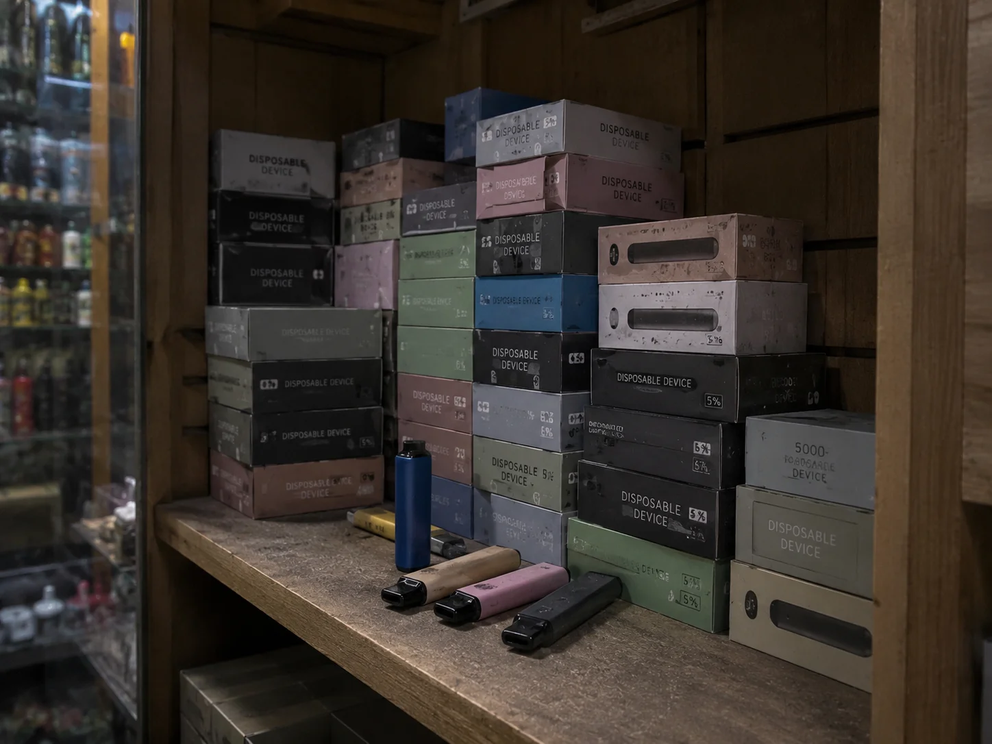 A pile of dusty, unsold vape boxes in a corner