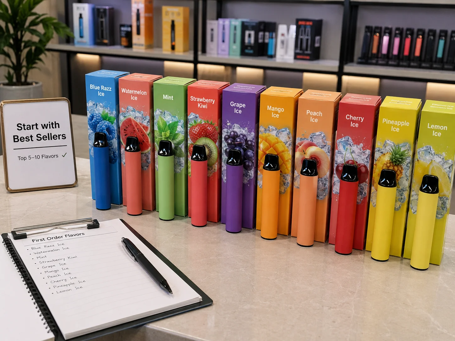 A variety of popular vape flavors like berries and mint