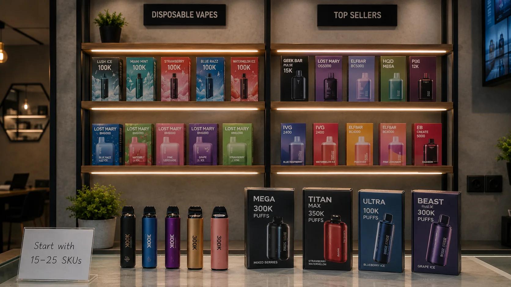 a small vape shop with a curated selection of products on display