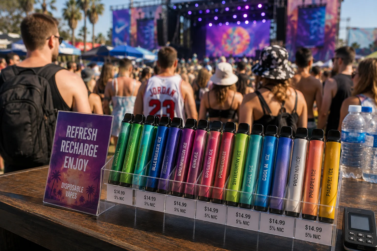 vapes at an outdoor music festival