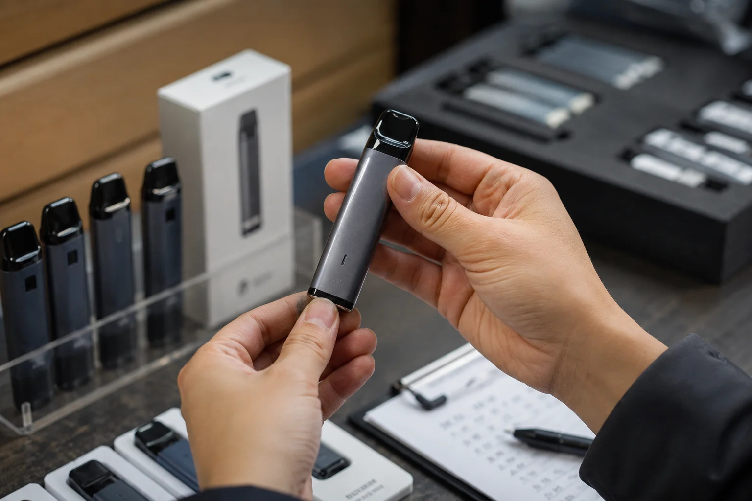 A hand inspecting a vape product for quality