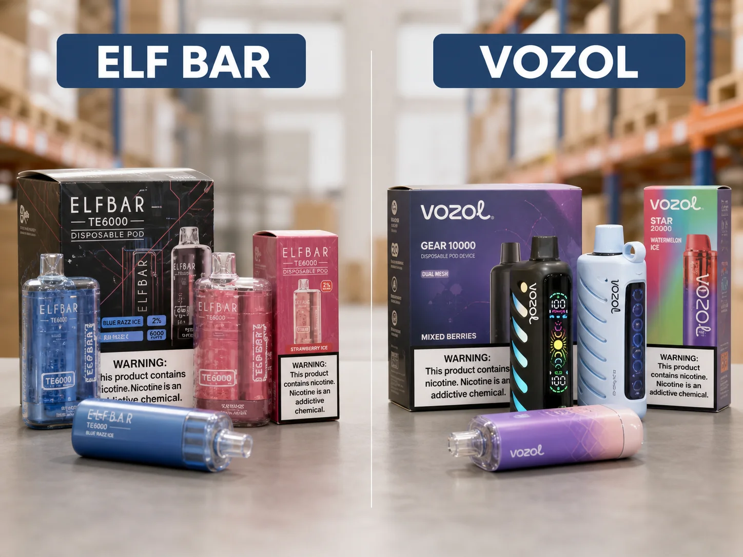 Elf Bar TE6000 and Vozol disposable vape products displayed on a warehouse table, showcasing colorful packaging and sleek designs.