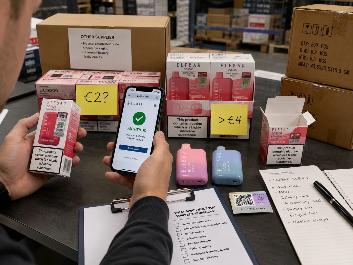 A checklist with items like Price, QR Code, Battery Quality